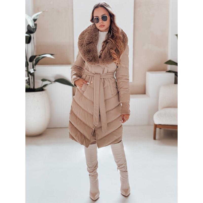 Női steppelt téli kabát szőrme szegéllyel kamel