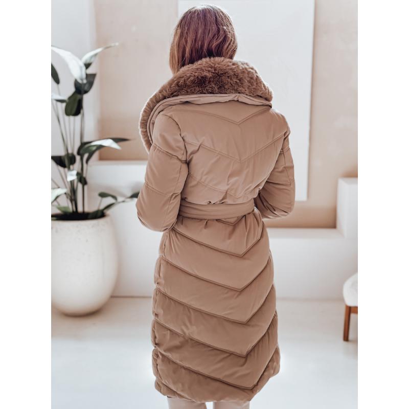 Női steppelt téli kabát szőrme szegéllyel kamel