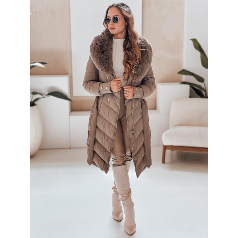 Dámska zimná prešívaná bunda s kožušinovým lemovaním, tmavo béžová