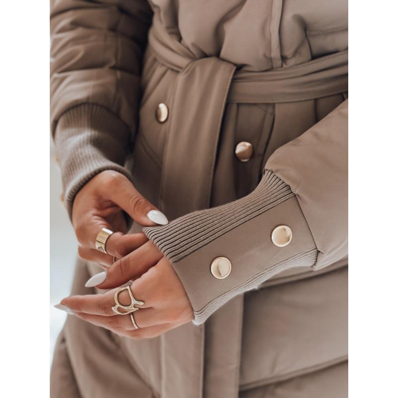 Dámska zimná prešívaná bunda s kožušinovým lemovaním, tmavo béžová