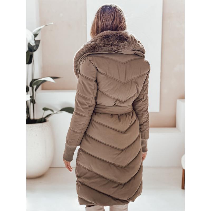 Dámska zimná prešívaná bunda s kožušinovým lemovaním, tmavo béžová