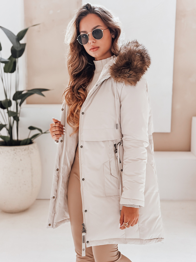 Dámská zimní bunda parka s kapucí světle béžová - foto 3