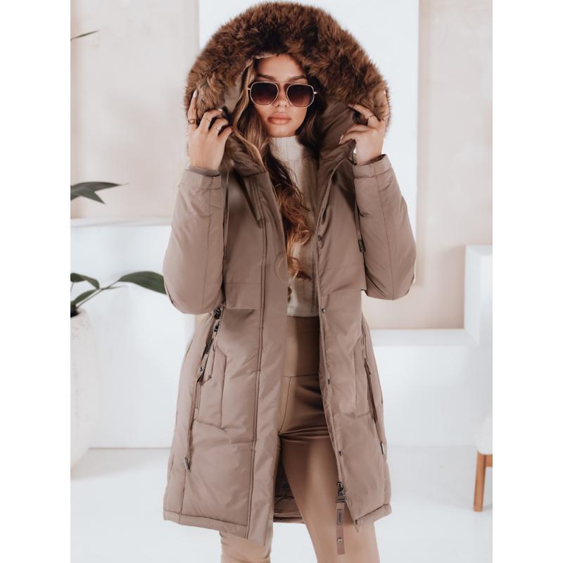 Női téli park kabát kapucnival, sötét bézs