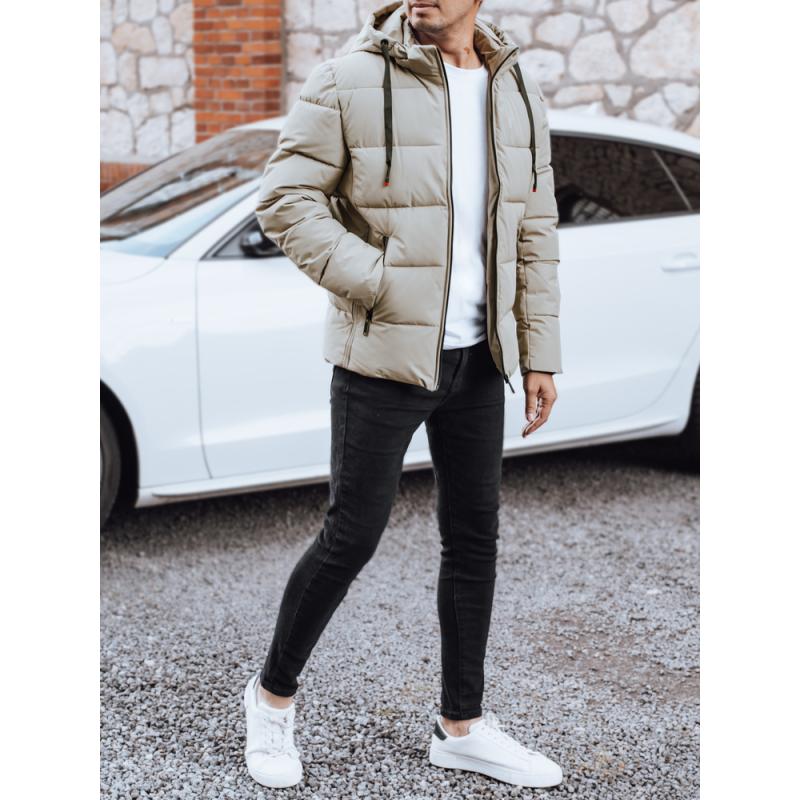 Pánska zimná prešívaná bunda s kapucňou, svetlo béžová