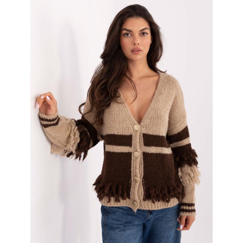 Bežovo-hnědý rozepínací svetr s třásněmi