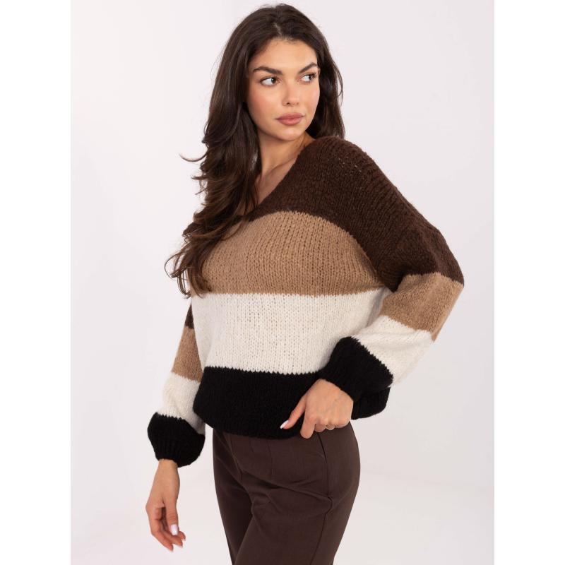 Hnědo-černý oversize svetr s vlnou RUE PARIS