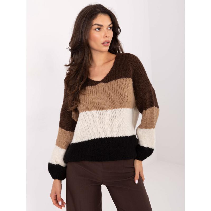 Hnědo-černý oversize svetr s vlnou RUE PARIS