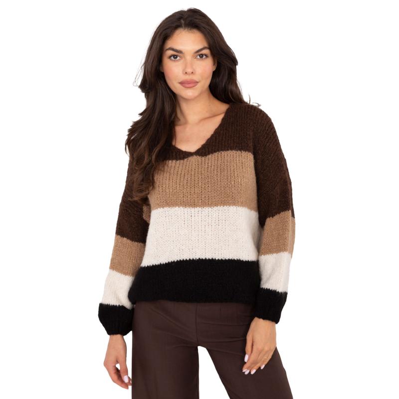 Hnědo-černý oversize svetr s vlnou RUE PARIS