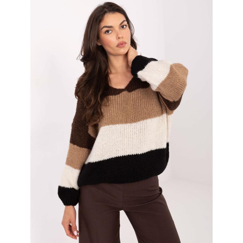 Hnědo-černý oversize svetr s vlnou RUE PARIS