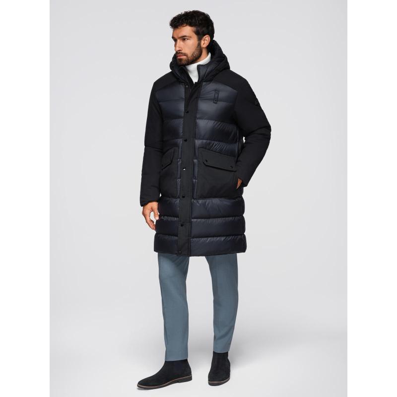 Pánská dlouhá prošívaná bunda s kapucí – černá V1 OM-JALJ-0264