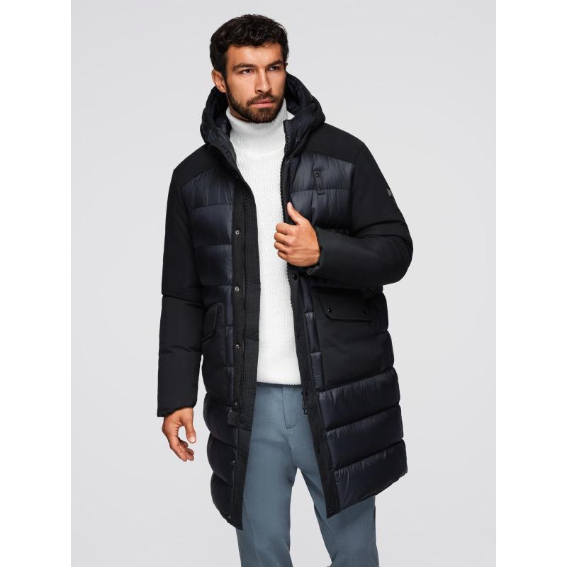Pánská dlouhá prošívaná bunda s kapucí – černá V1 OM-JALJ-0264