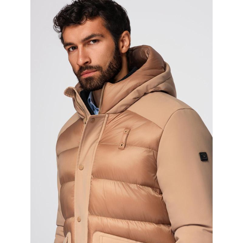 Dlouhá prošívaná pánská bunda s kapucí – šedá V2 OM-JALJ-0264