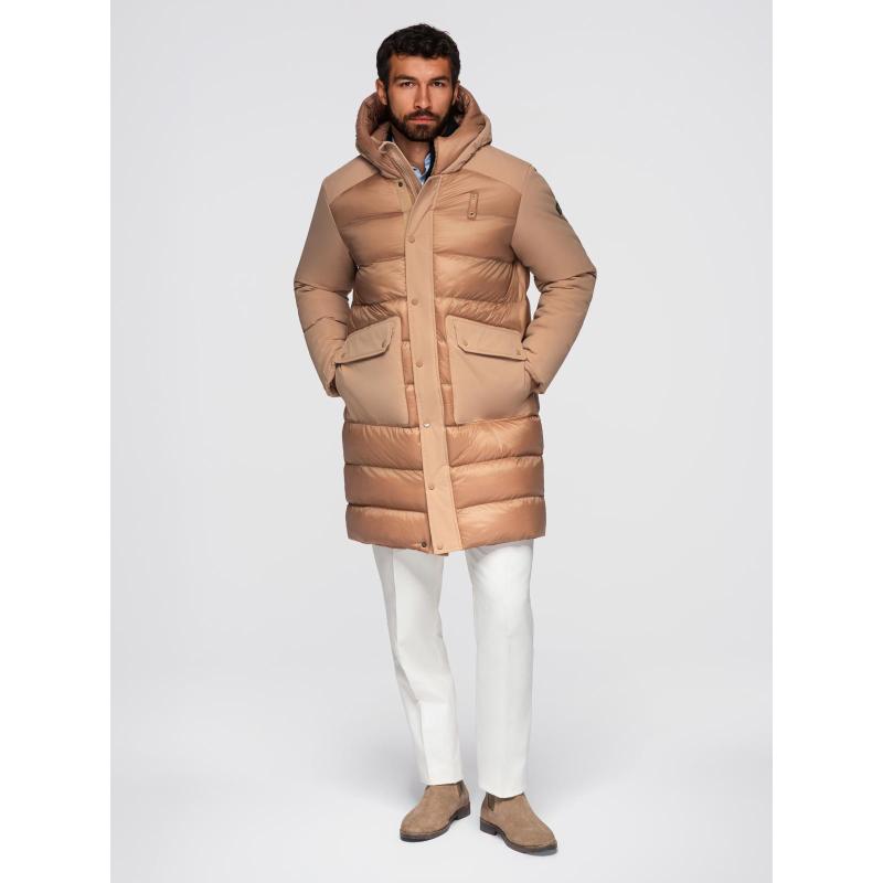 Dlouhá prošívaná pánská bunda s kapucí – šedá V2 OM-JALJ-0264