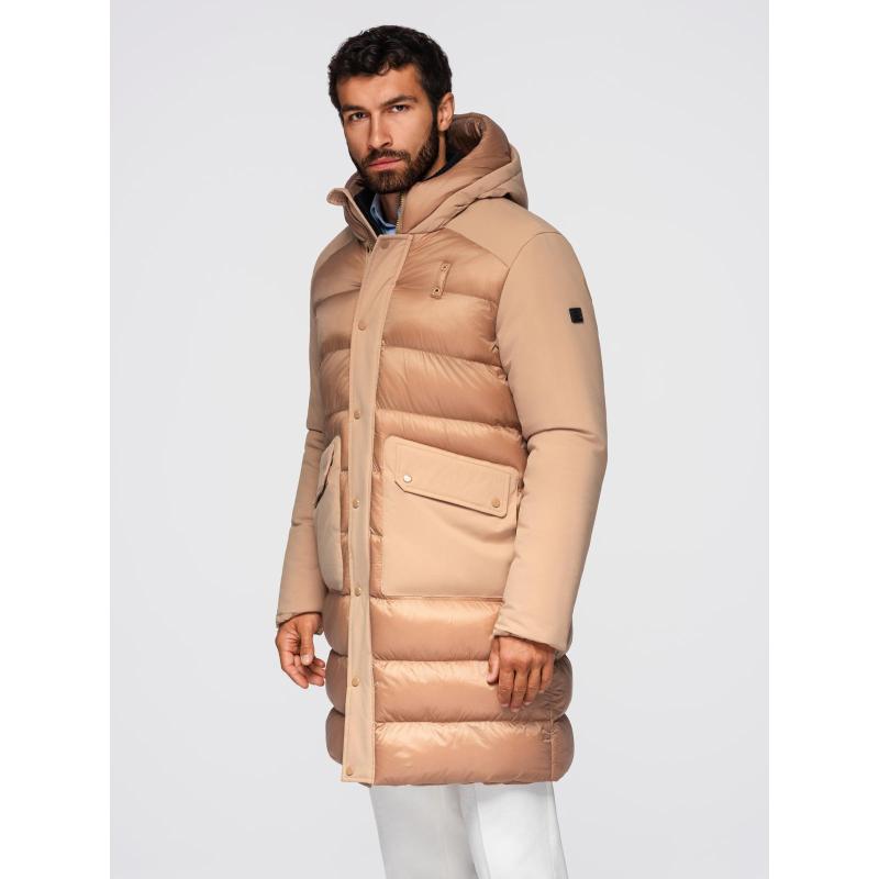 Dlouhá prošívaná pánská bunda s kapucí – šedá V2 OM-JALJ-0264