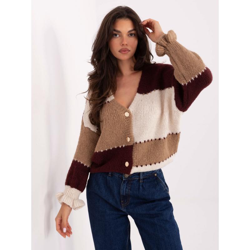 Ecru-bordó pulóver volánokkal az ujjakon RUE PARIS