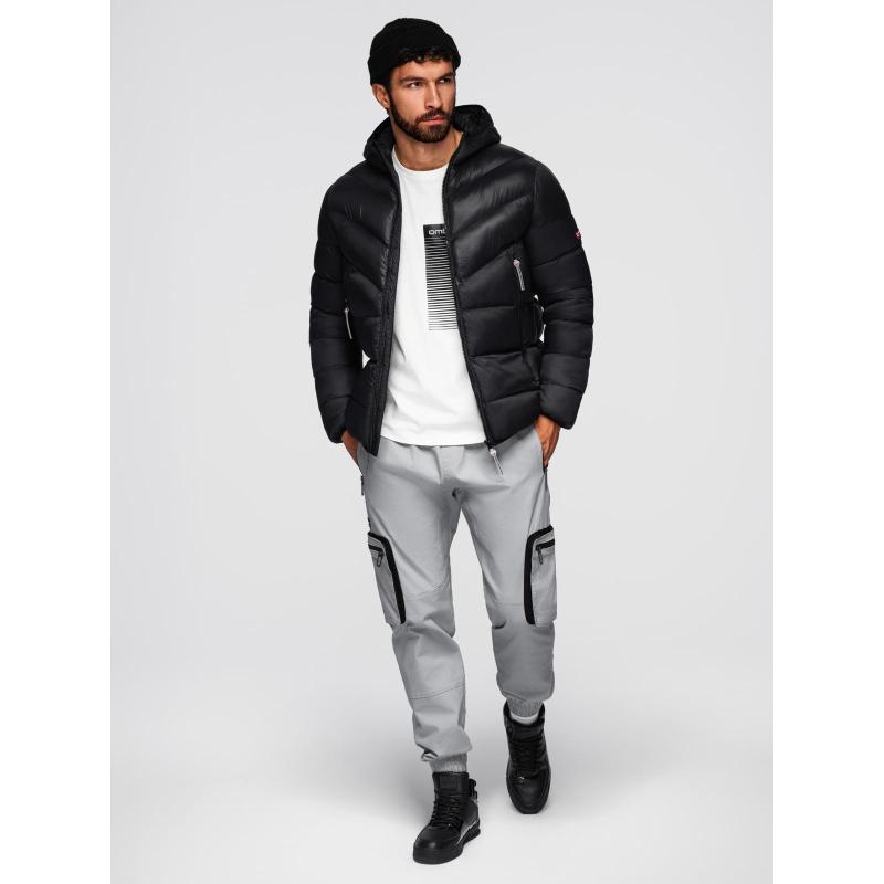 Dlouhá prošívaná pánská bunda s velkými kapsami – černá V1 OM-JALJ-0308
