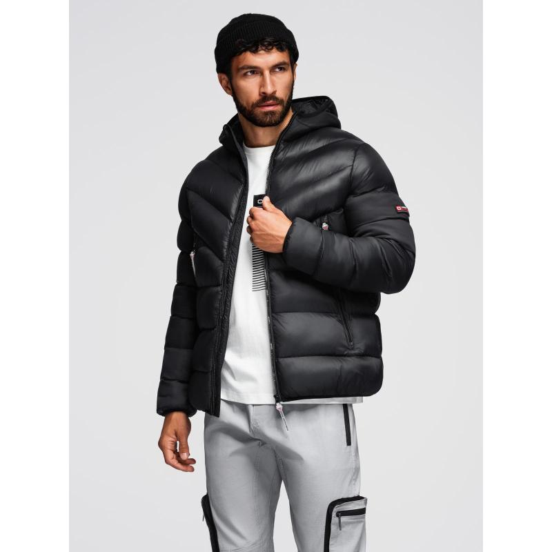 Dlouhá prošívaná pánská bunda s velkými kapsami – černá V1 OM-JALJ-0308