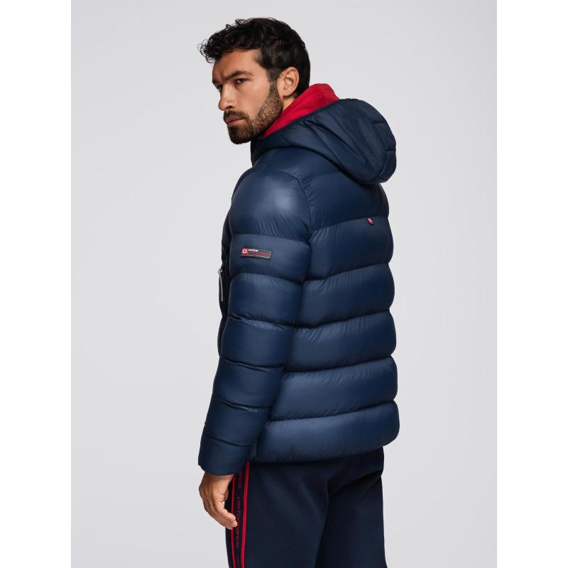 Dlouhá prošívaná pánská bunda s velkými kapsami – béžová V2 OM-JALJ-0308