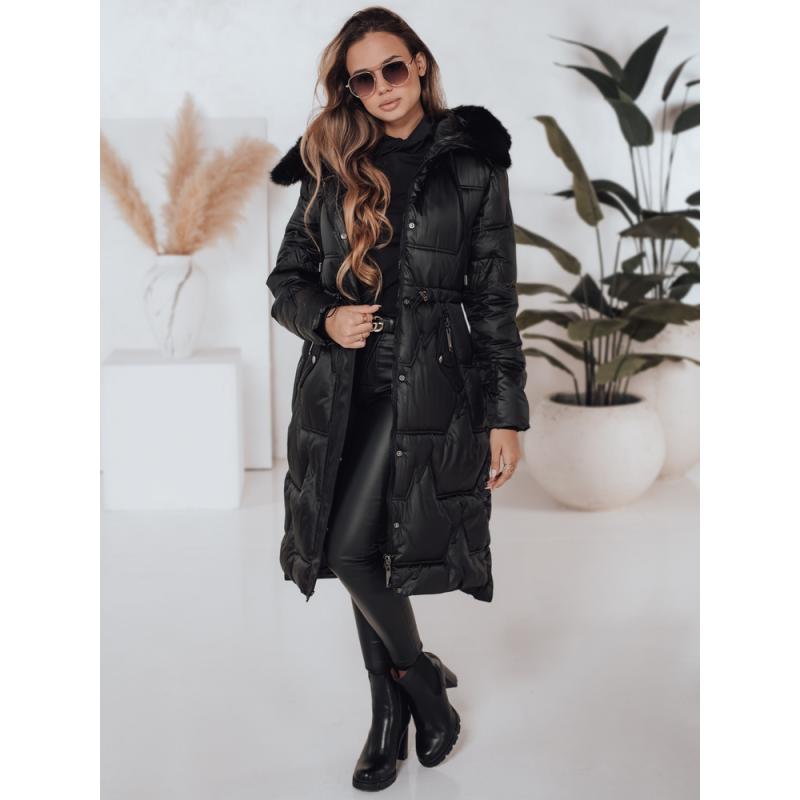 Dámska dlhá prešívaná zimná bunda s kožušinkou, čierna