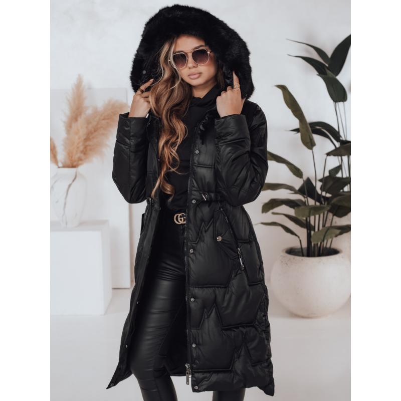 Dámska dlhá prešívaná zimná bunda s kožušinkou, čierna
