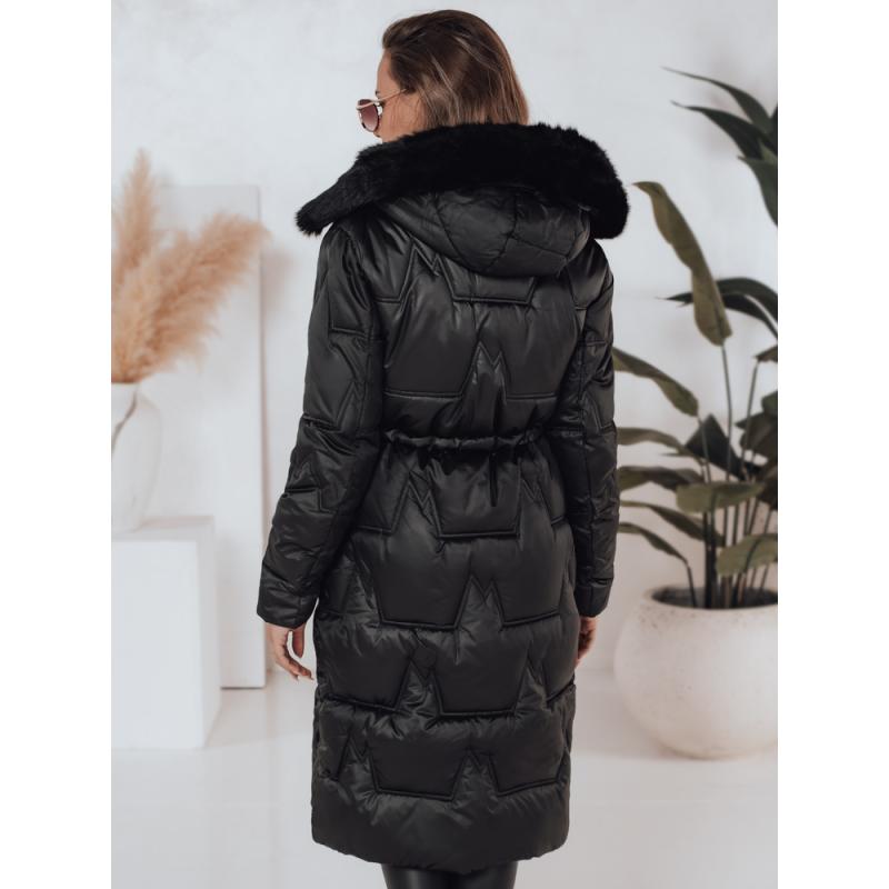 Dámska dlhá prešívaná zimná bunda s kožušinkou, čierna