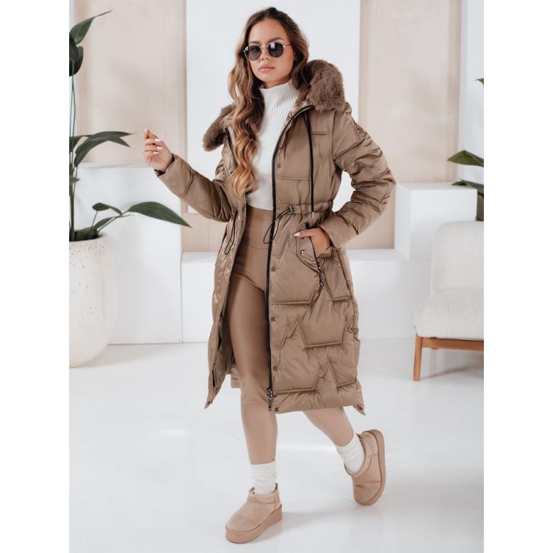 Dámska dlhá prešívaná zimná bunda s kožušinkou, kamelová