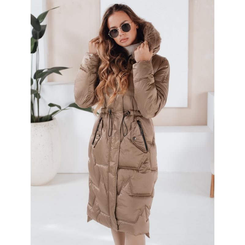 Dámska dlhá prešívaná zimná bunda s kožušinkou, kamelová