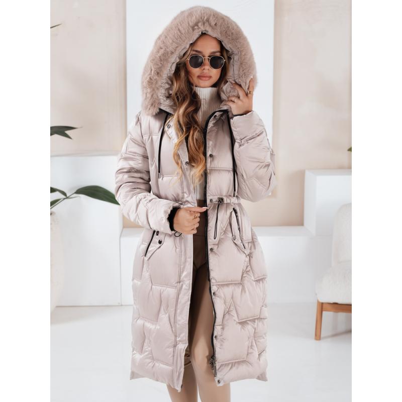 Dámska dlhá prešívaná zimná bunda s kožušinkou, béžová