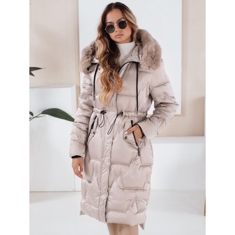 Dámska dlhá prešívaná zimná bunda s kožušinkou, béžová