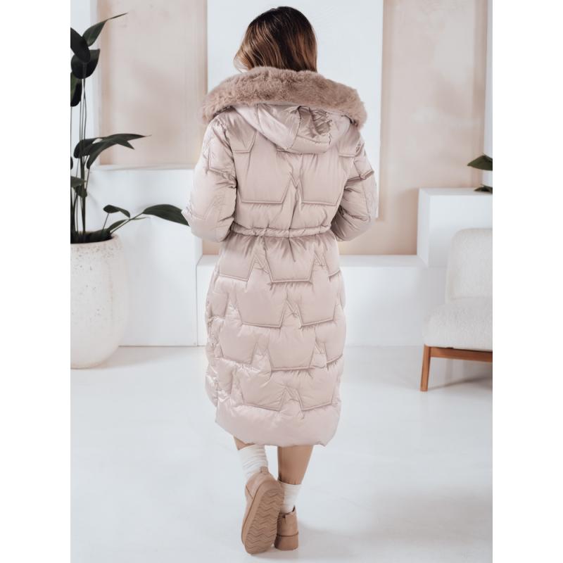 Dámska dlhá prešívaná zimná bunda s kožušinkou, béžová