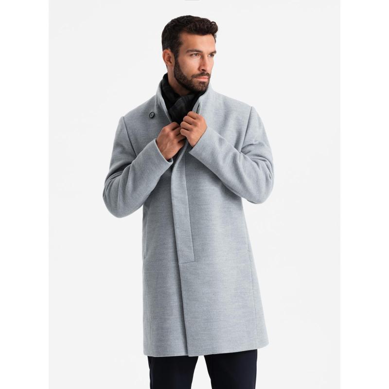 Férfi kabát magas gallérral és aszimmetrikus gombolással – szürke melírozott V1 OM-COWC-0141