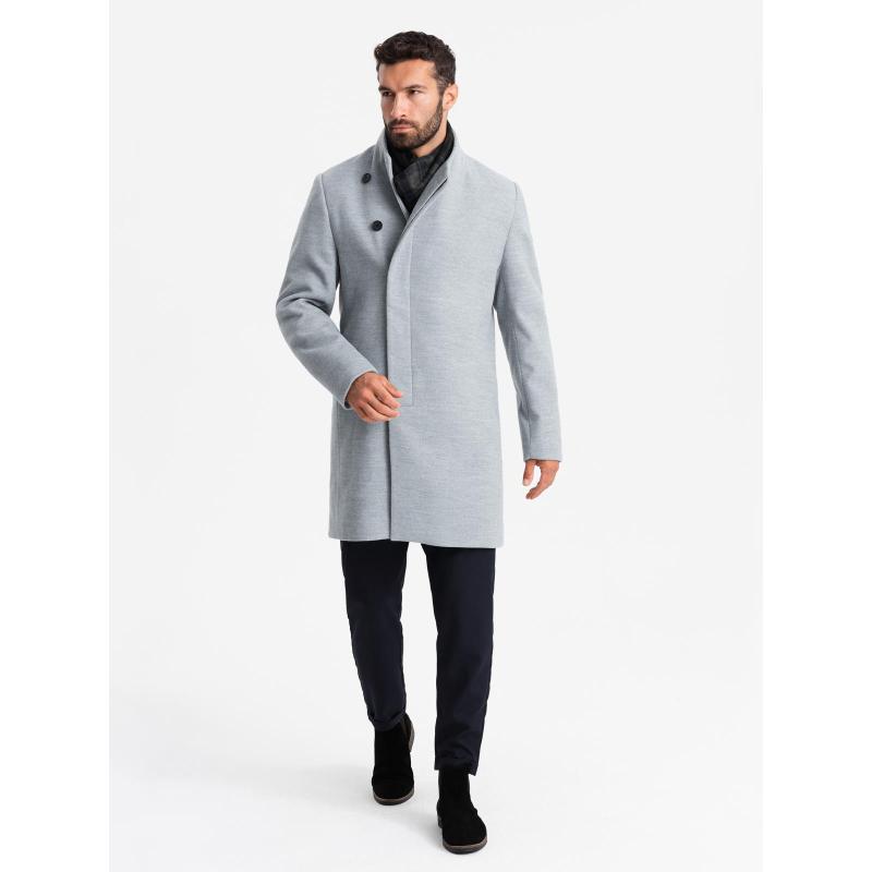 Férfi kabát magas gallérral és aszimmetrikus gombolással – szürke melírozott V1 OM-COWC-0141
