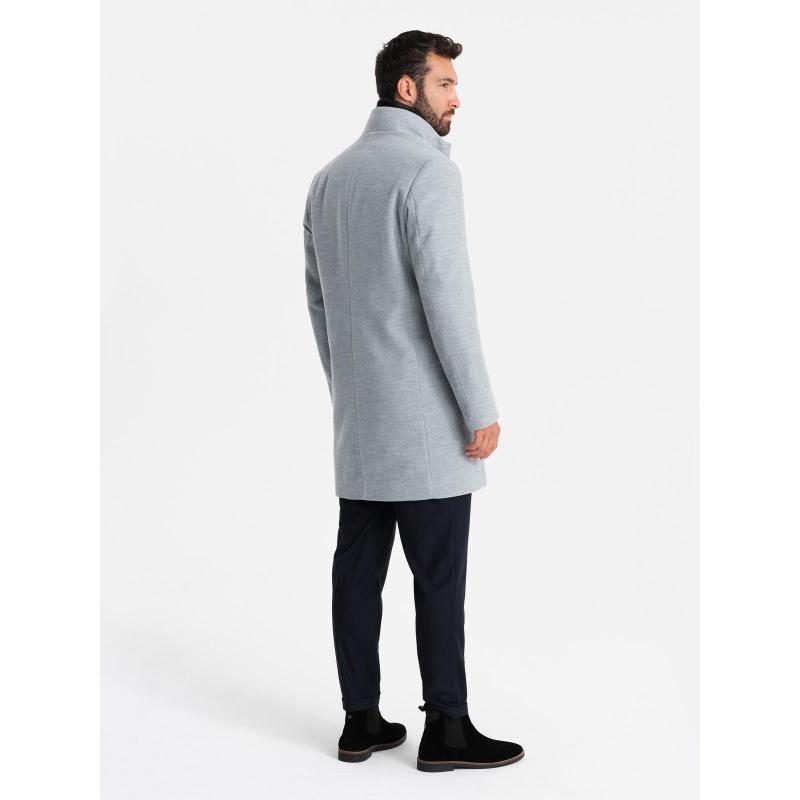 Férfi kabát magas gallérral és aszimmetrikus gombolással – szürke melírozott V1 OM-COWC-0141