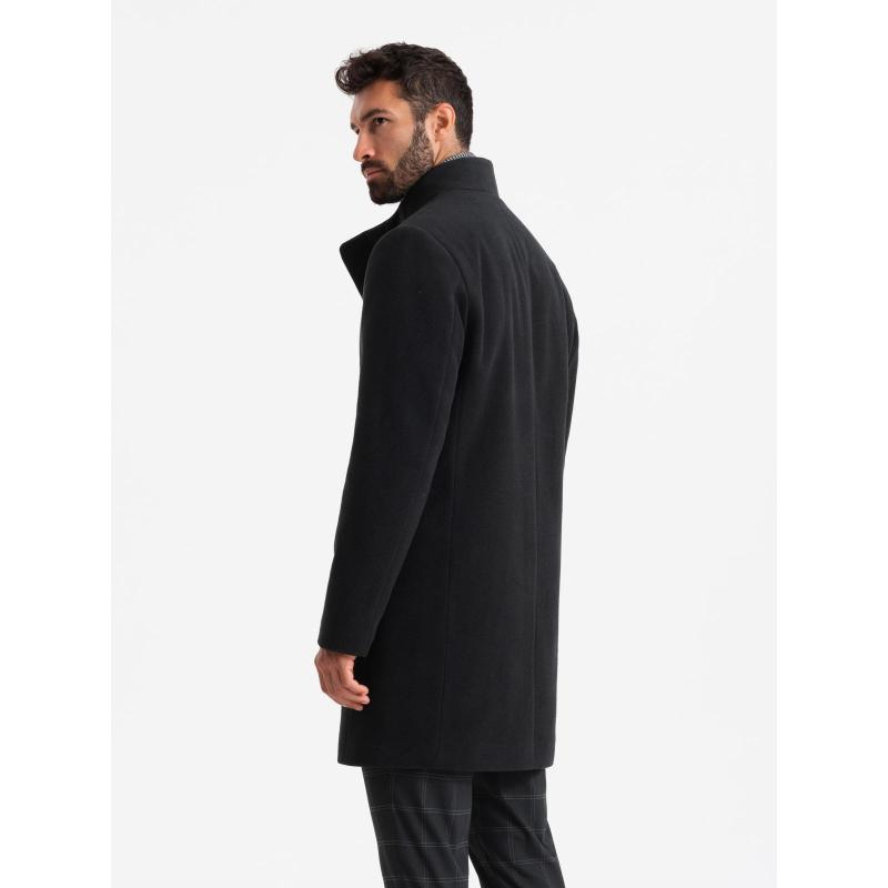 Férfi kabát magas gallérral és aszimmetrikus záródással – fekete V2 OM-COWC-0141