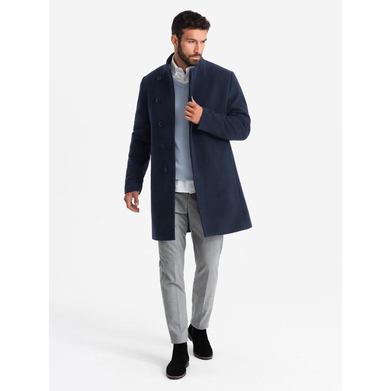 Pánsky kabát s asymetrickým zapínaním a vysokým golierom – tmavomodrý V3 OM-COWC-0141