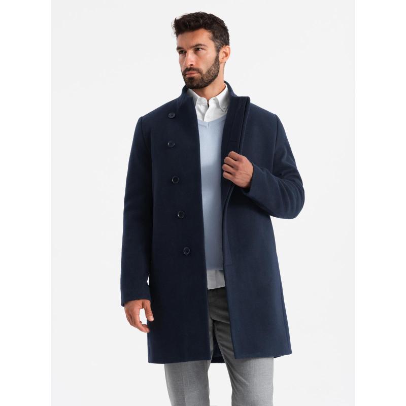 Pánsky kabát s asymetrickým zapínaním a vysokým golierom – tmavomodrý V3 OM-COWC-0141