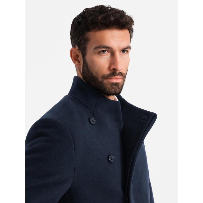 Pánsky kabát s asymetrickým zapínaním a vysokým golierom – tmavomodrý V3 OM-COWC-0141