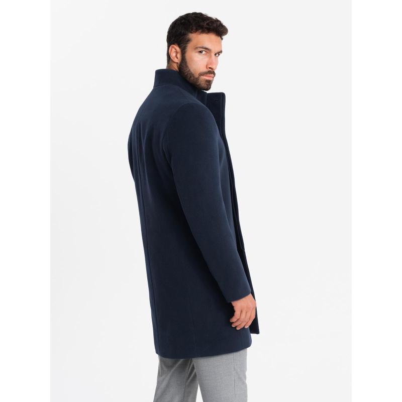 Pánsky kabát s asymetrickým zapínaním a vysokým golierom – tmavomodrý V3 OM-COWC-0141