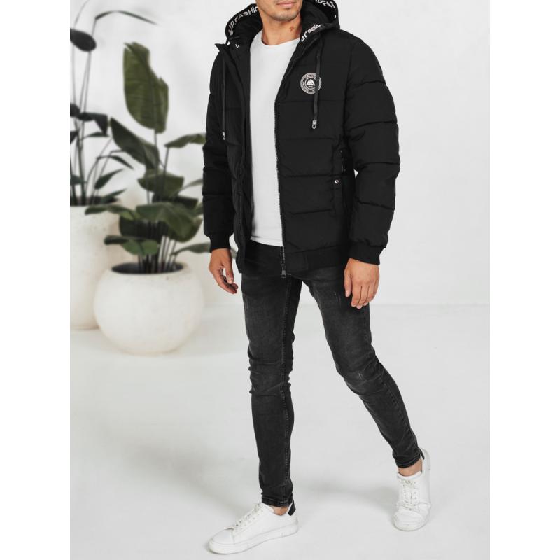 Férfi téli steppelt kabát kapucnival, fekete