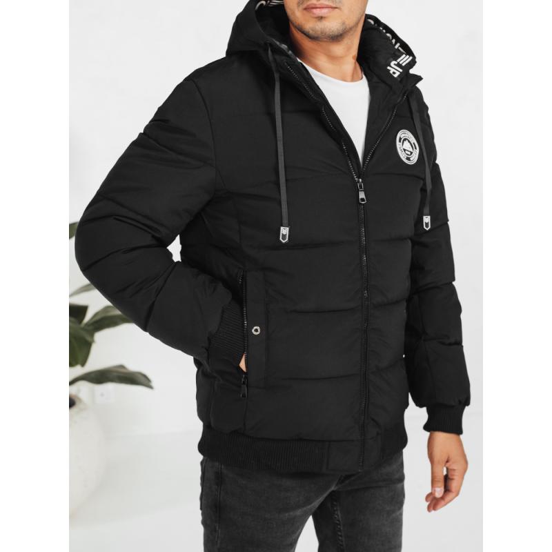 Férfi téli steppelt kabát kapucnival, fekete