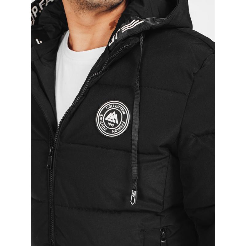 Férfi téli steppelt kabát kapucnival, fekete