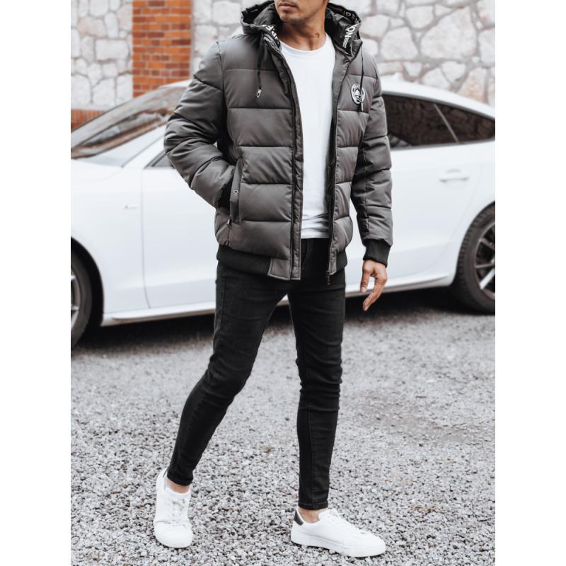 Férfi téli steppelt kabát kapucnival, szürke