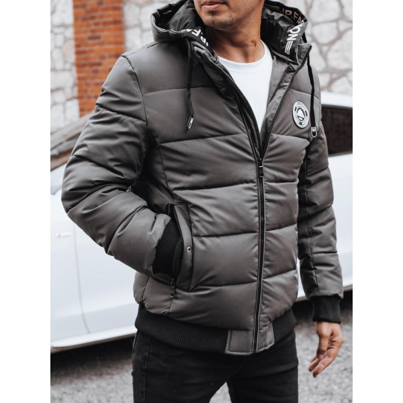 Férfi téli steppelt kabát kapucnival, szürke