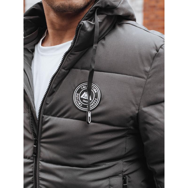 Férfi téli steppelt kabát kapucnival, szürke