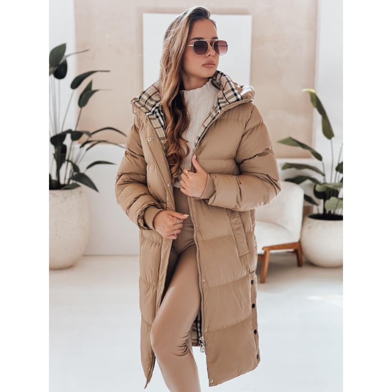 Dámska dlhá prešívaná zimná bunda s kapucňou WINTERMISS, tmavobežová