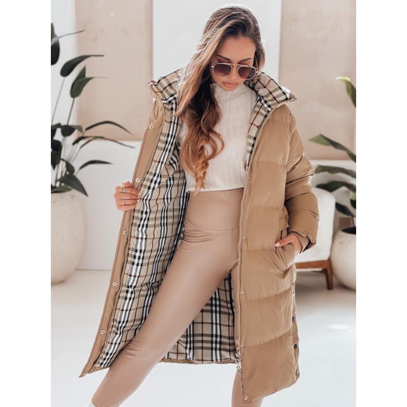 Dámska dlhá prešívaná zimná bunda s kapucňou WINTERMISS, tmavobežová