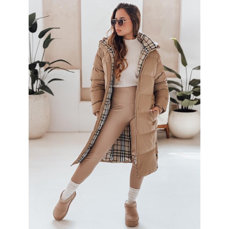 Dámska dlhá prešívaná zimná bunda s kapucňou WINTERMISS, tmavobežová