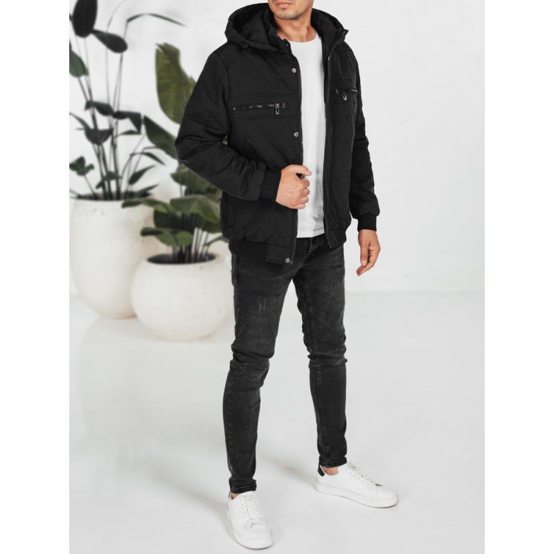 Férfi steppelt kabát kapucnival, fekete