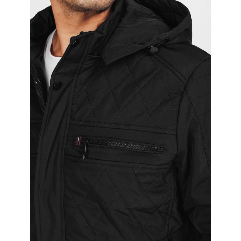 Férfi steppelt kabát kapucnival, fekete