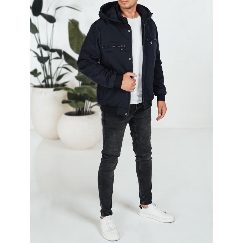 Férfi steppelt kabát kapucnival, sötétkék